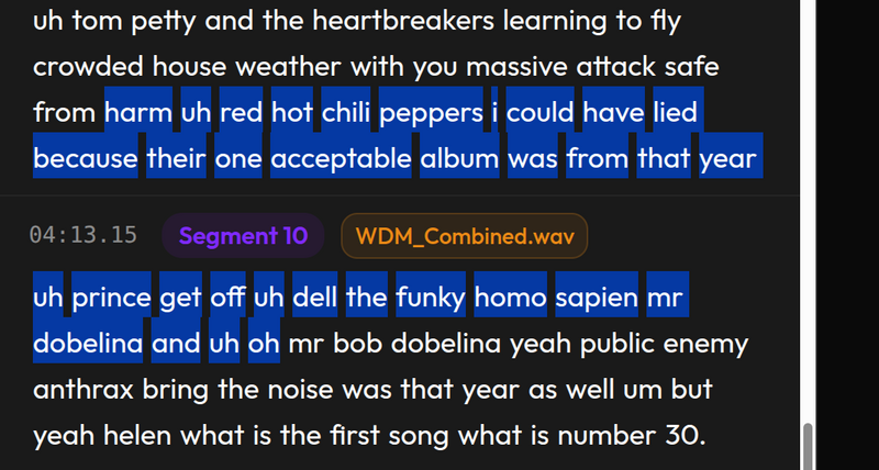 Text-based editing interface with transcript highlighting and timeline synchronization