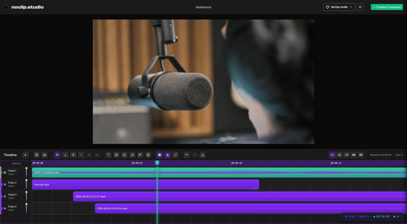 Professional timeline editor with multiple tracks, waveforms, and precise editing controls
